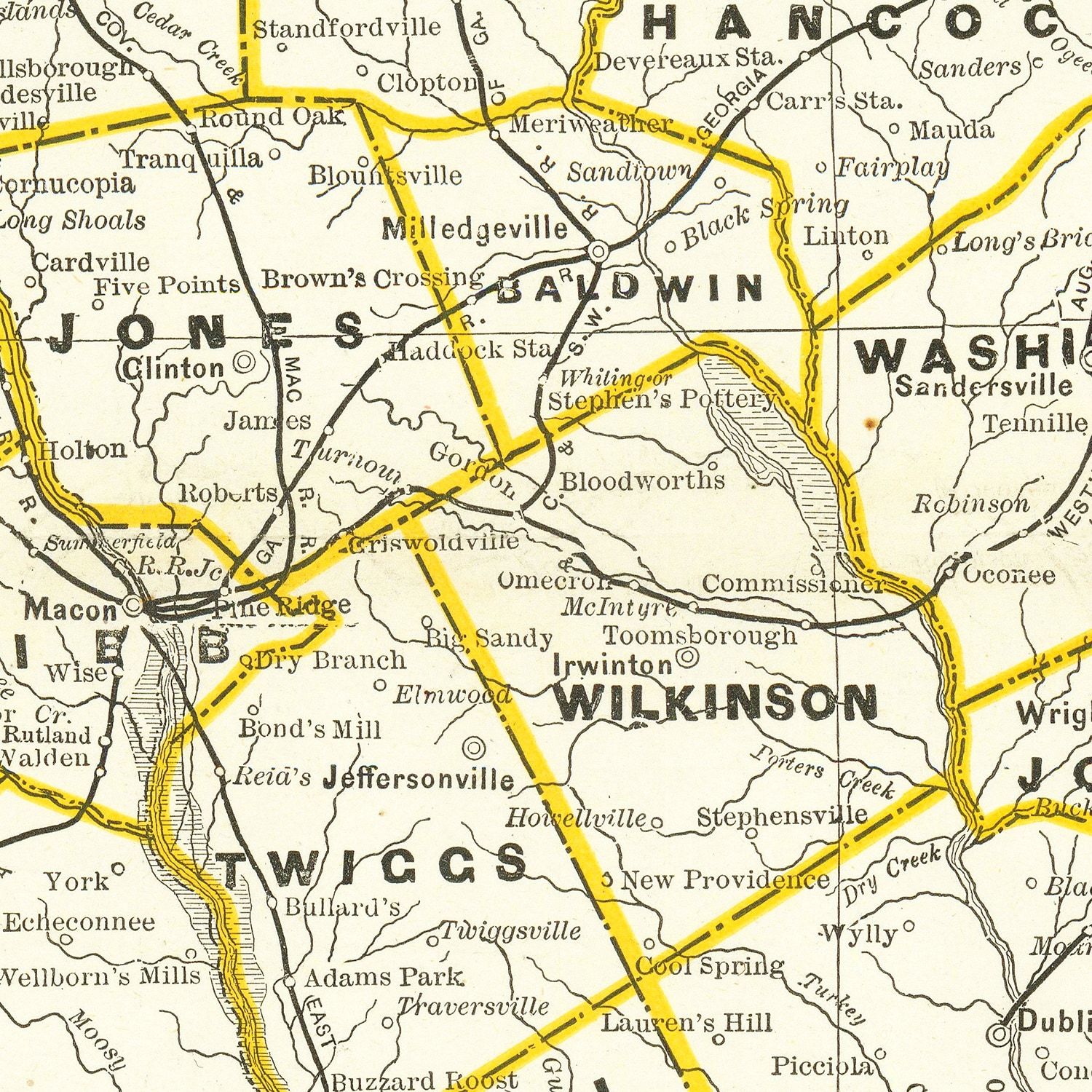 Restored historic details from the 1884 state map of County, Georgia