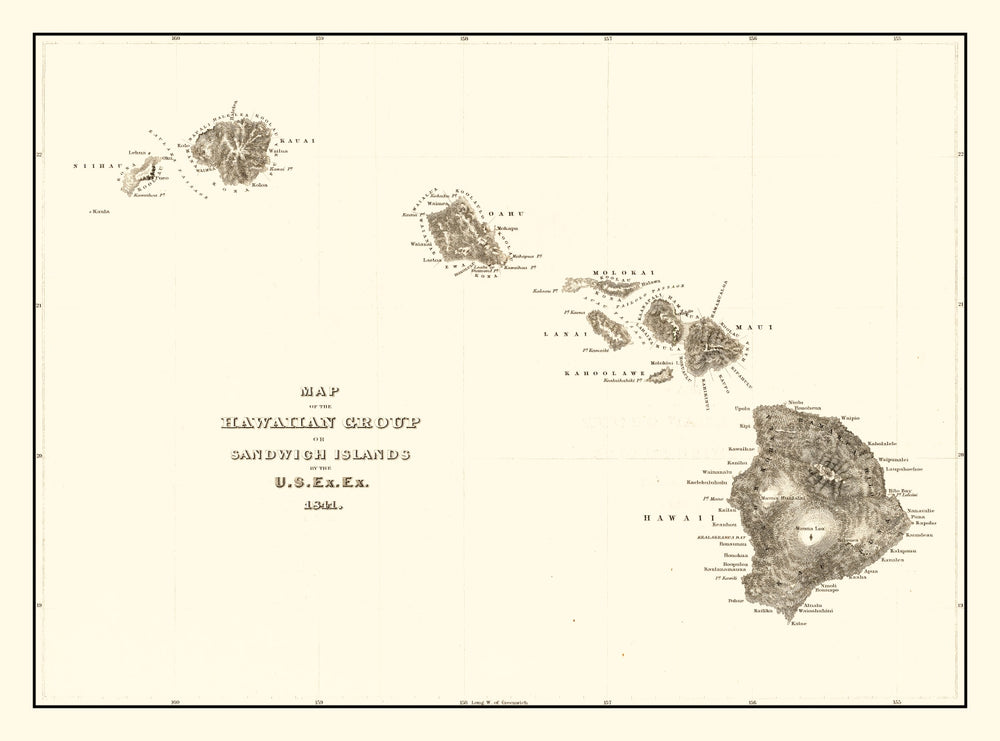 Vintage Map of Hawaii 1845 print style example
