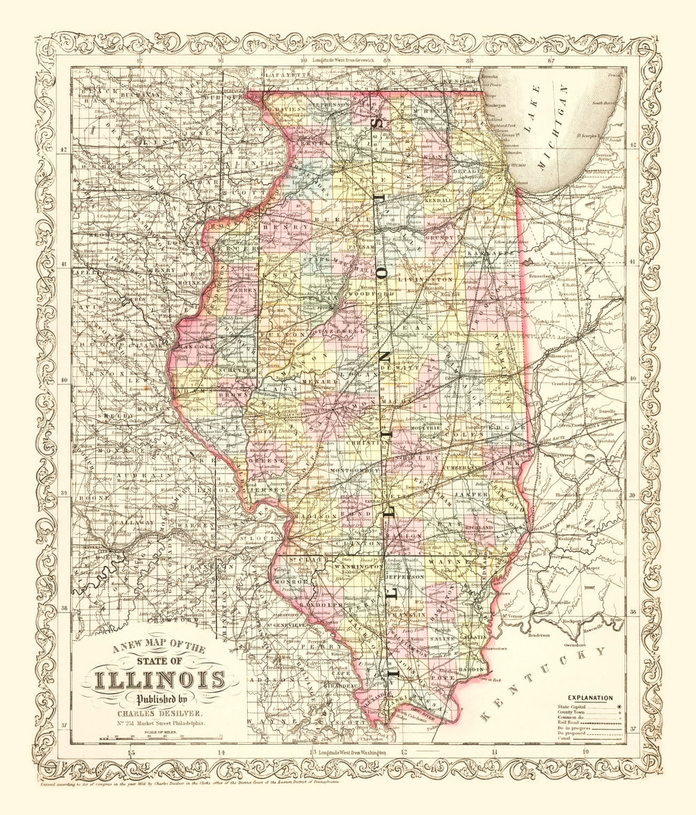 Vintage Map of Illinois 1857 print style example
