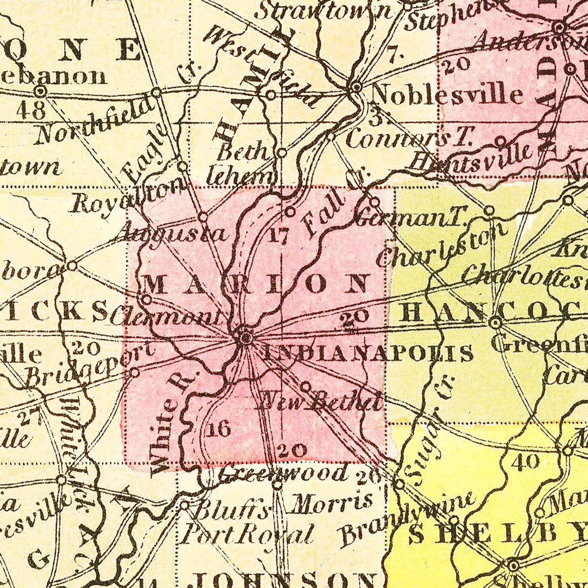 Restored historic details from the 1847 state map of County, Indiana
