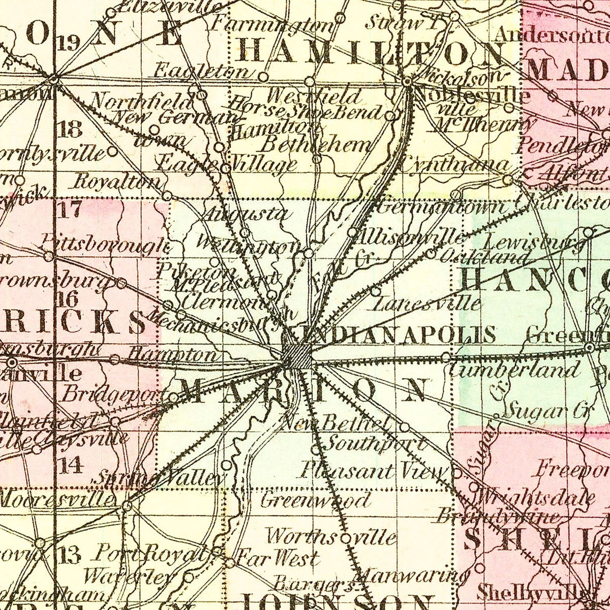 Restored historic details from the 1855 state map of County, Indiana