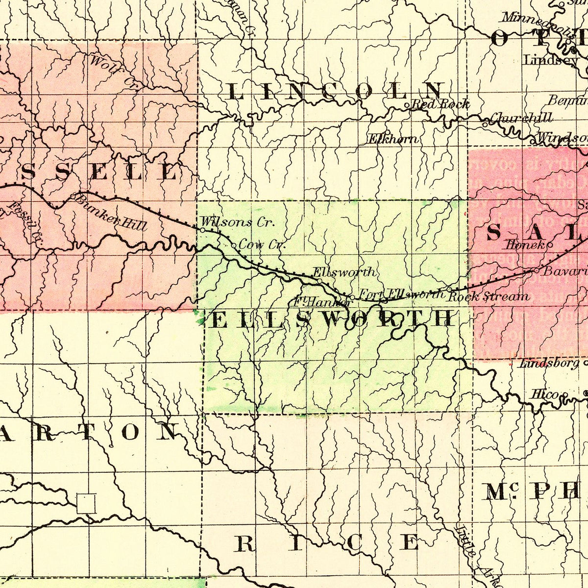Restored historic details from the 1871 state map of County, Kansas