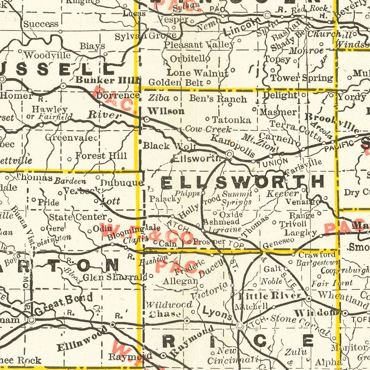 Restored historic details from the 1888 state map of County, Kansas