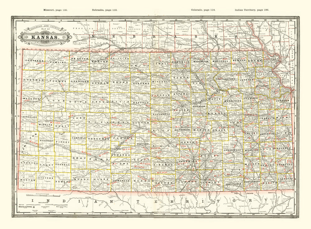 Vintage Railroad Map of Kansas 1888 print style example