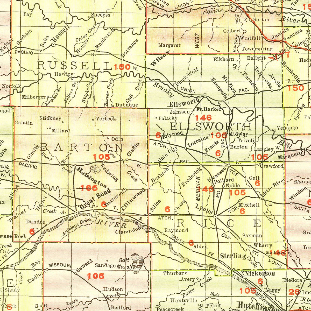 Restored historic details from the 1917 state map of County, Kansas
