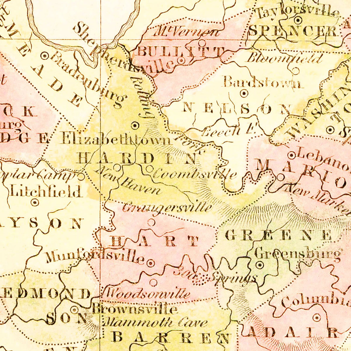 Restored historic details from the 1835 state map of County, Kentucky