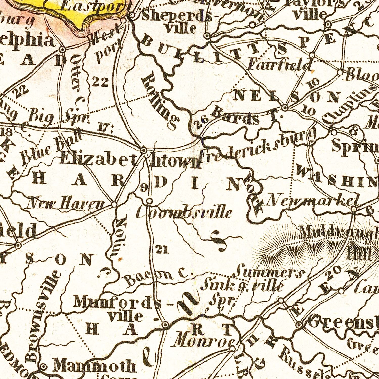 Restored historic details from the 1845 state map of County, Kentucky