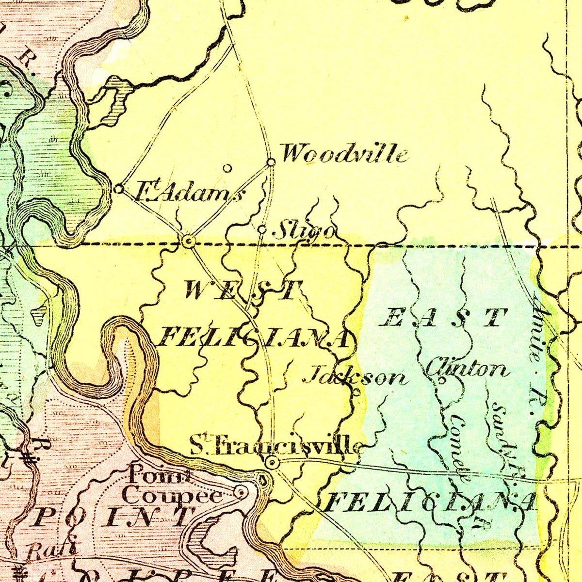 Restored historic details from the 1836 state map of Parish, Louisiana