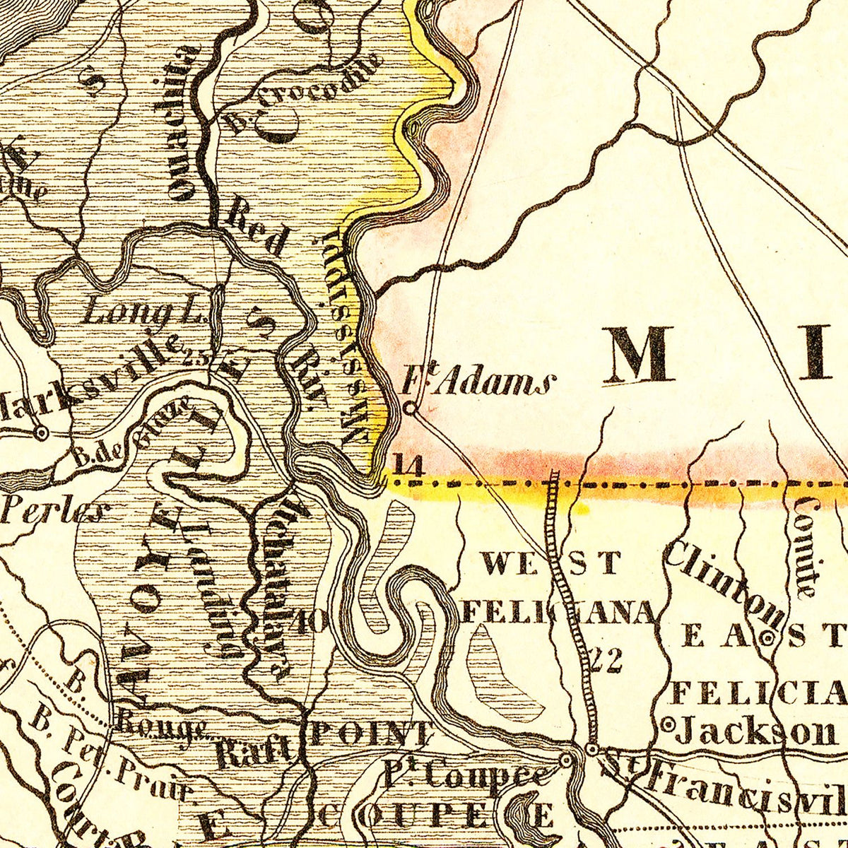 Restored historic details from the 1845 state map of Parish, Louisiana