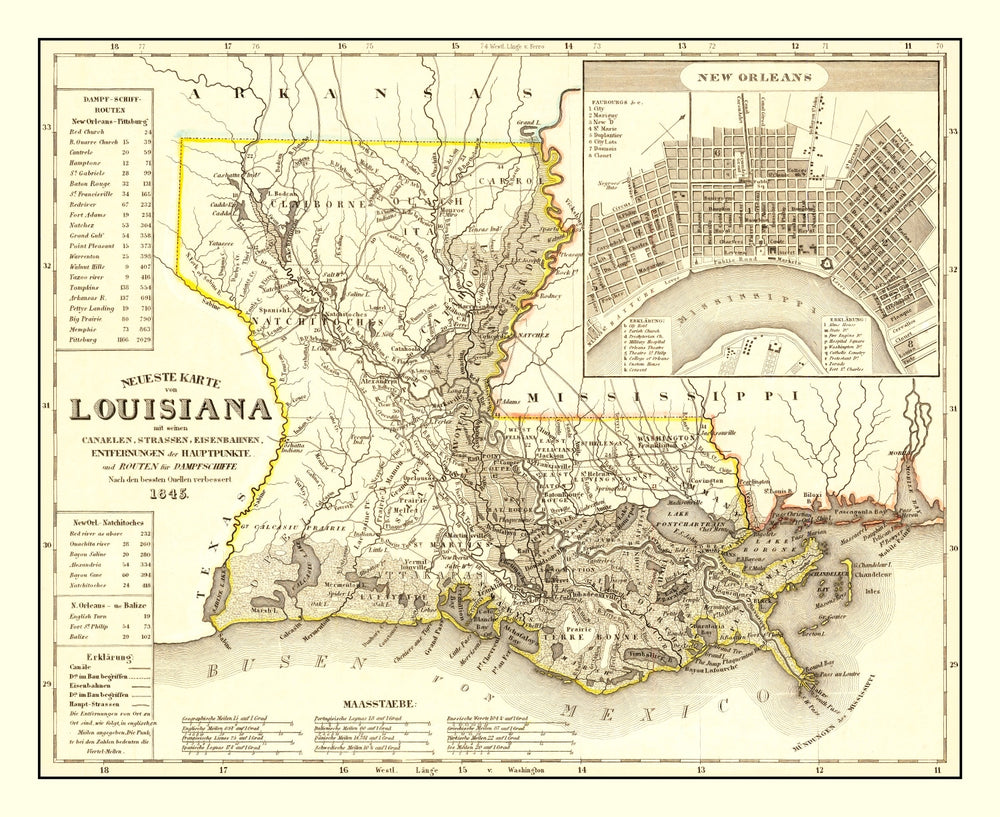 Vintage Map of Louisiana 1845 print style example
