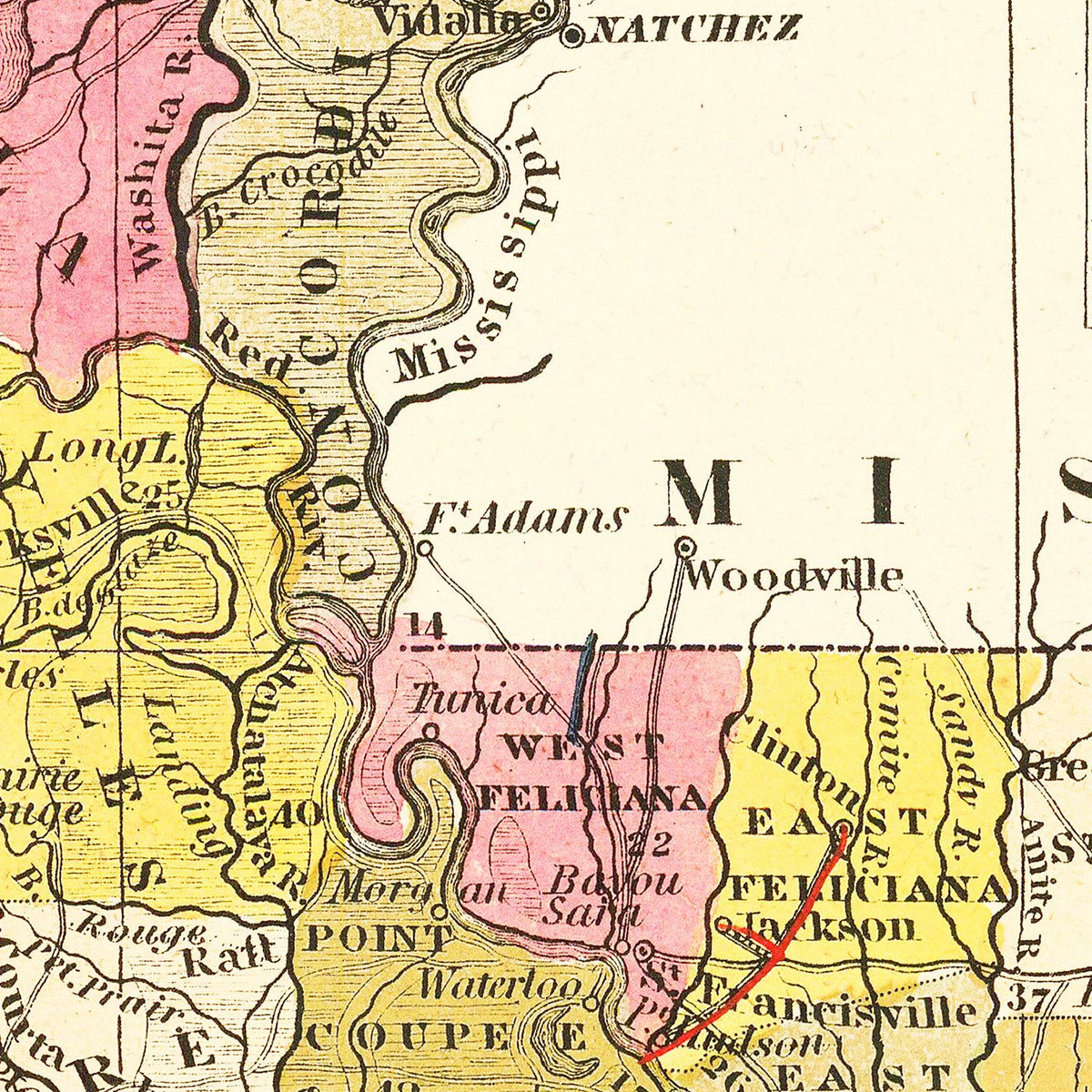 Restored historic details from the 1847 state map of Parish, Louisiana