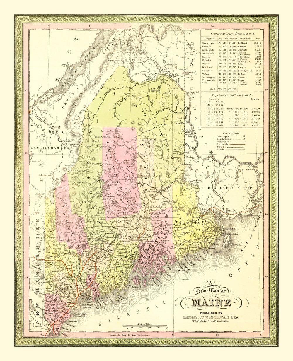 Vintage Map of Maine 1855 print style example