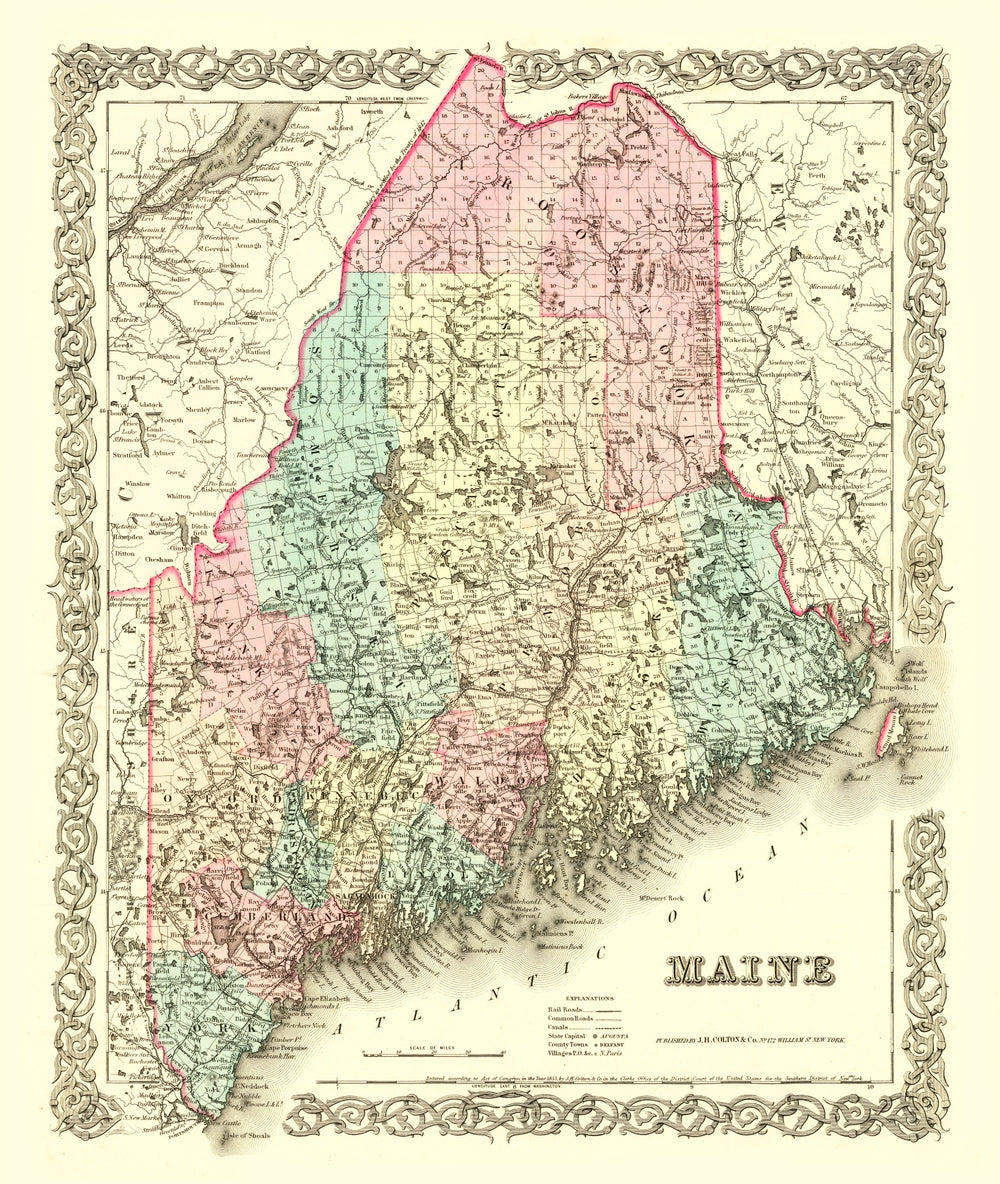 Vintage Map of Maine 1855 print style example