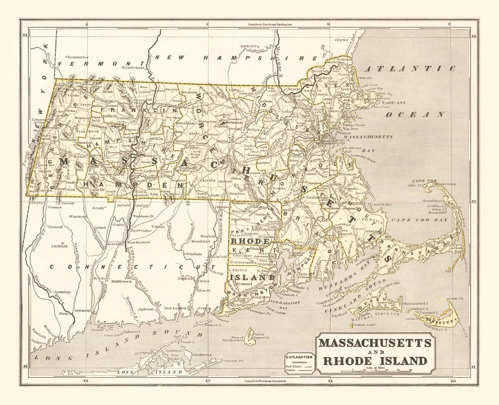 Vintage Map of Massachusetts 1842 print style example
