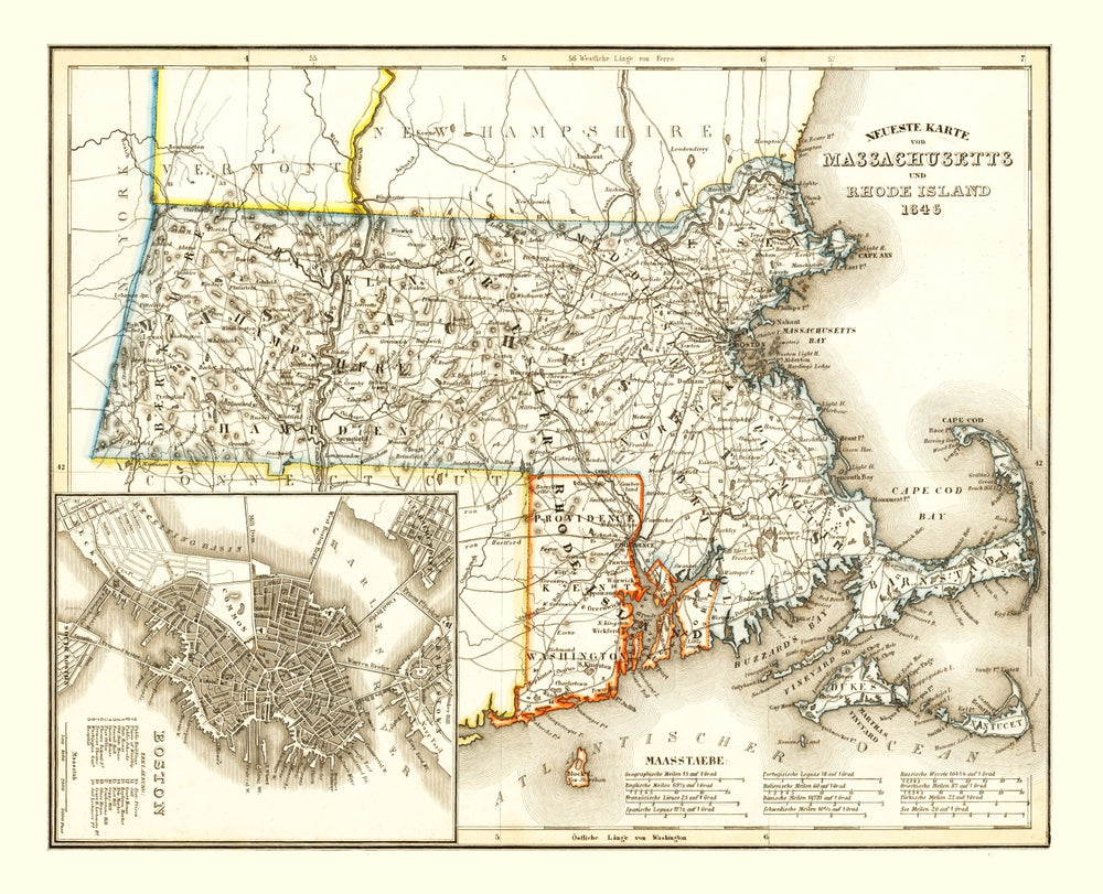 Vintage Map of Massachusetts 1846 print style example
