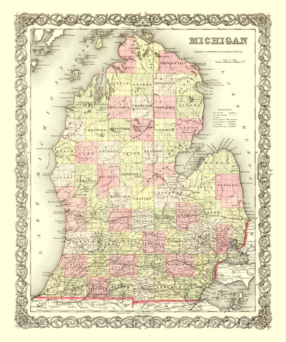 Vintage Map of Michigan 1855 print style example
