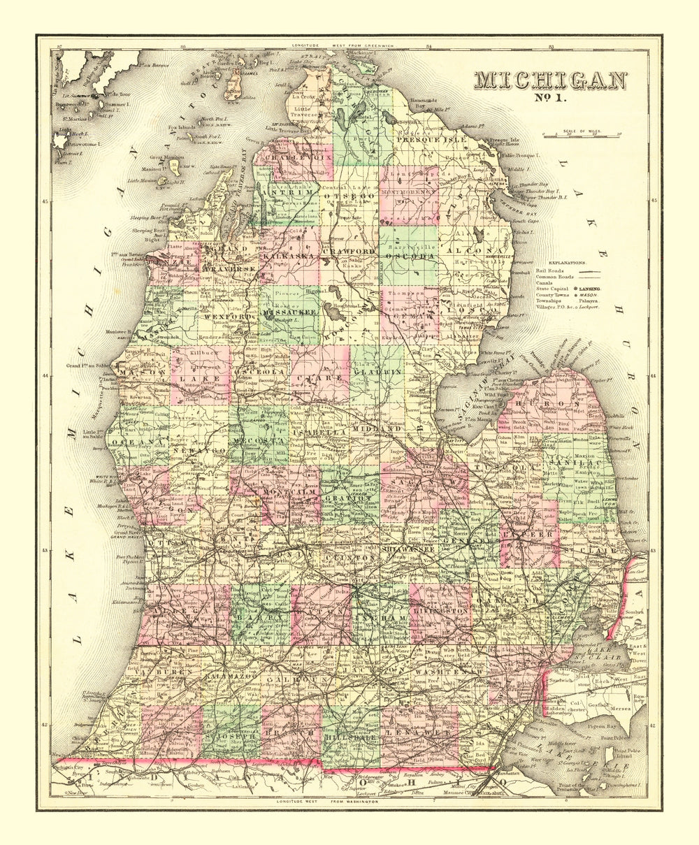 Vintage Map of Michigan 1875 print style example