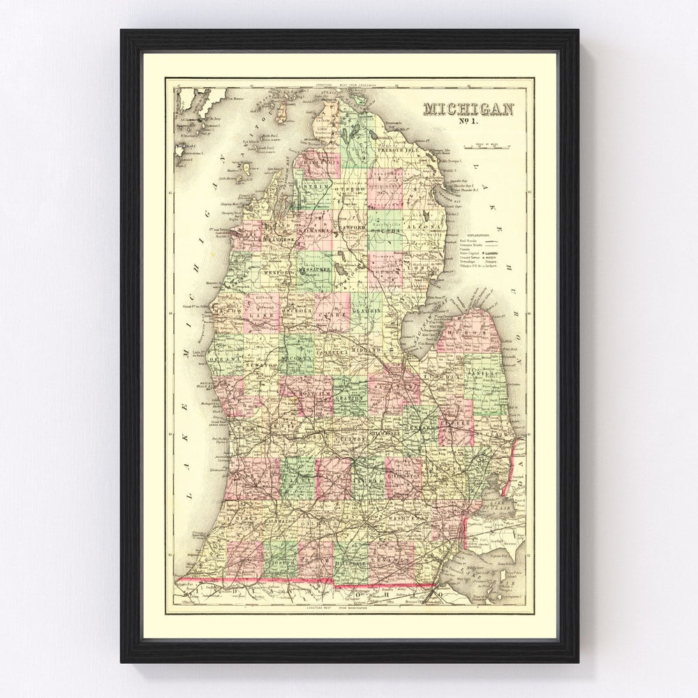 Michigan Vintage Map 1875
