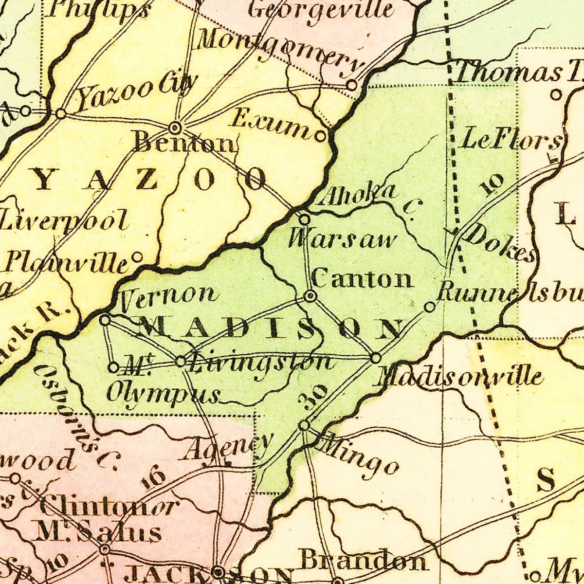 Restored historic details from the 1836 state map of County, Mississippi
