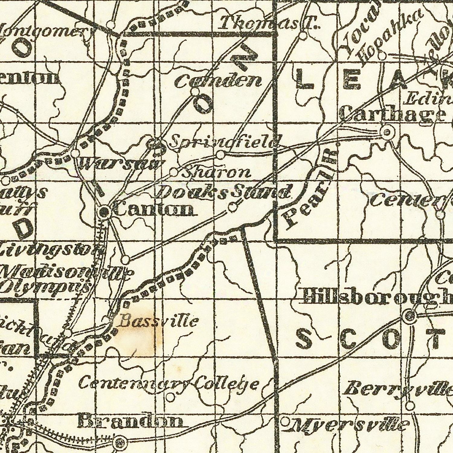 Restored historic details from the 1842 state map of County, Mississippi