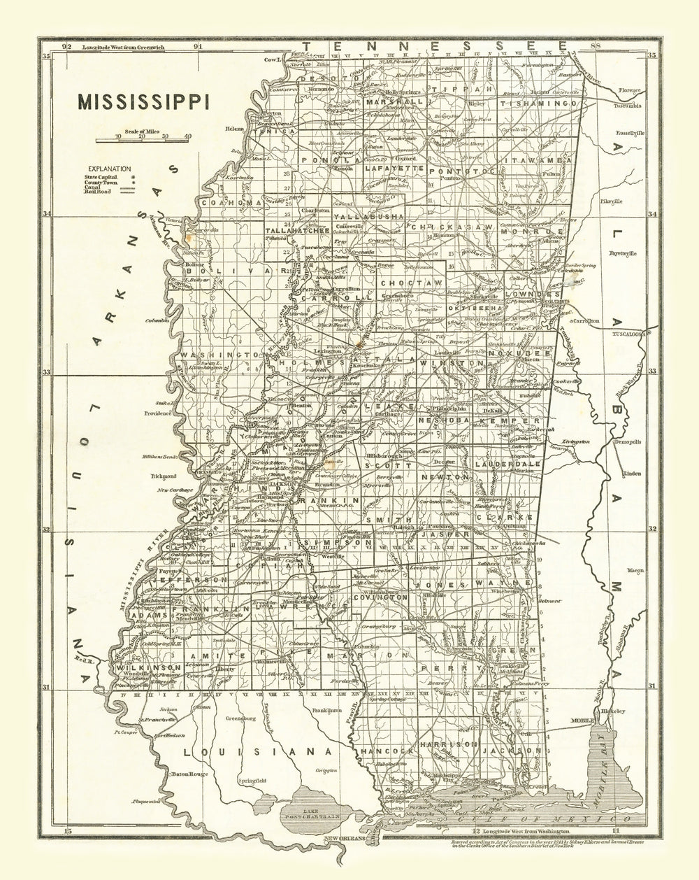 Vintage Map of Mississippi 1842 print style example