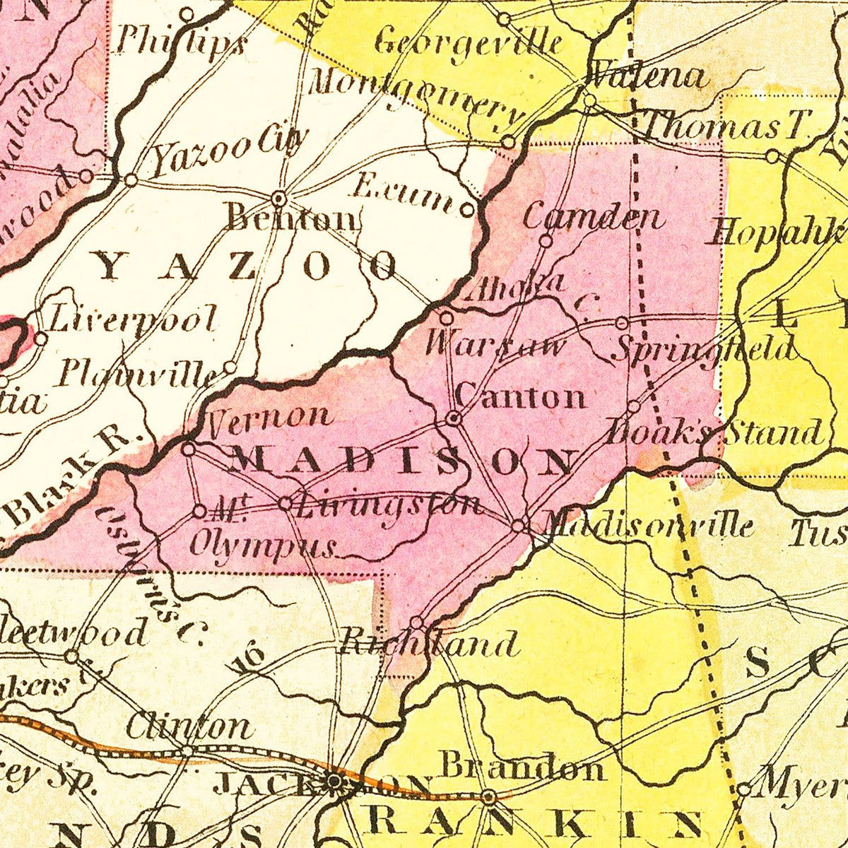 Restored historic details from the 1846 state map of County, Mississippi