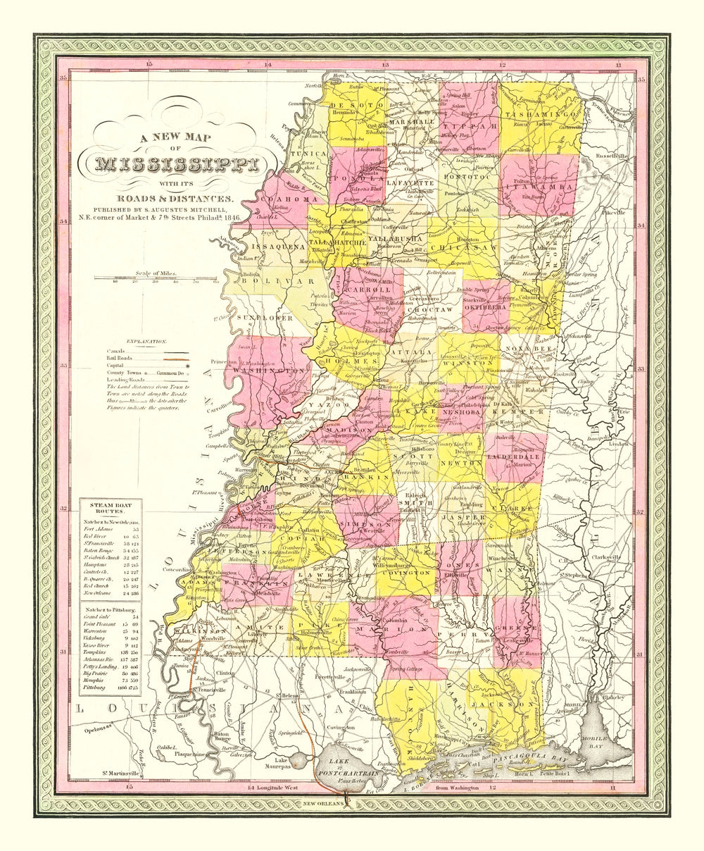 Vintage Map of Mississippi 1846 print style example