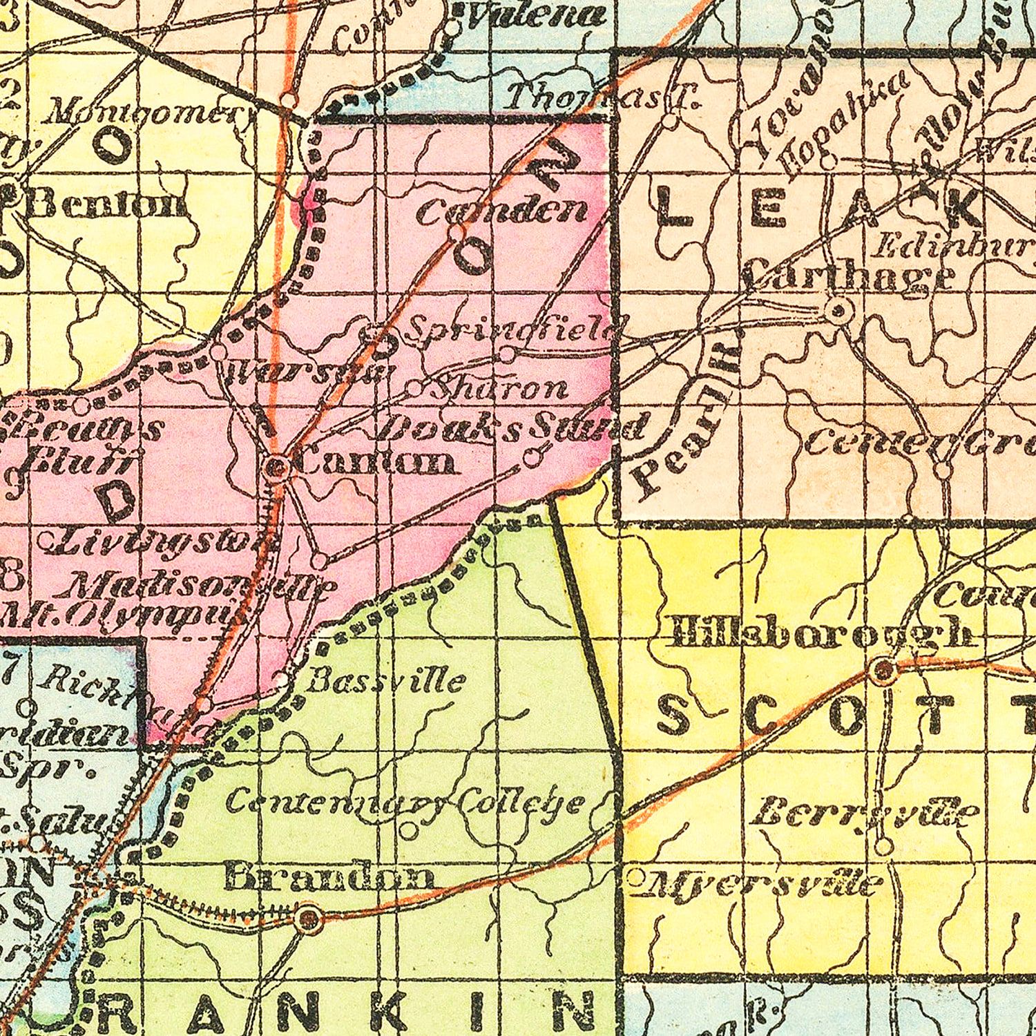 Restored historic details from the 1856 state map of County, Mississippi