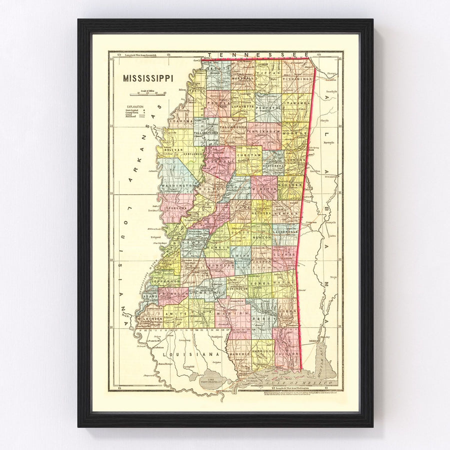 Vintage Map of Mississippi 1856