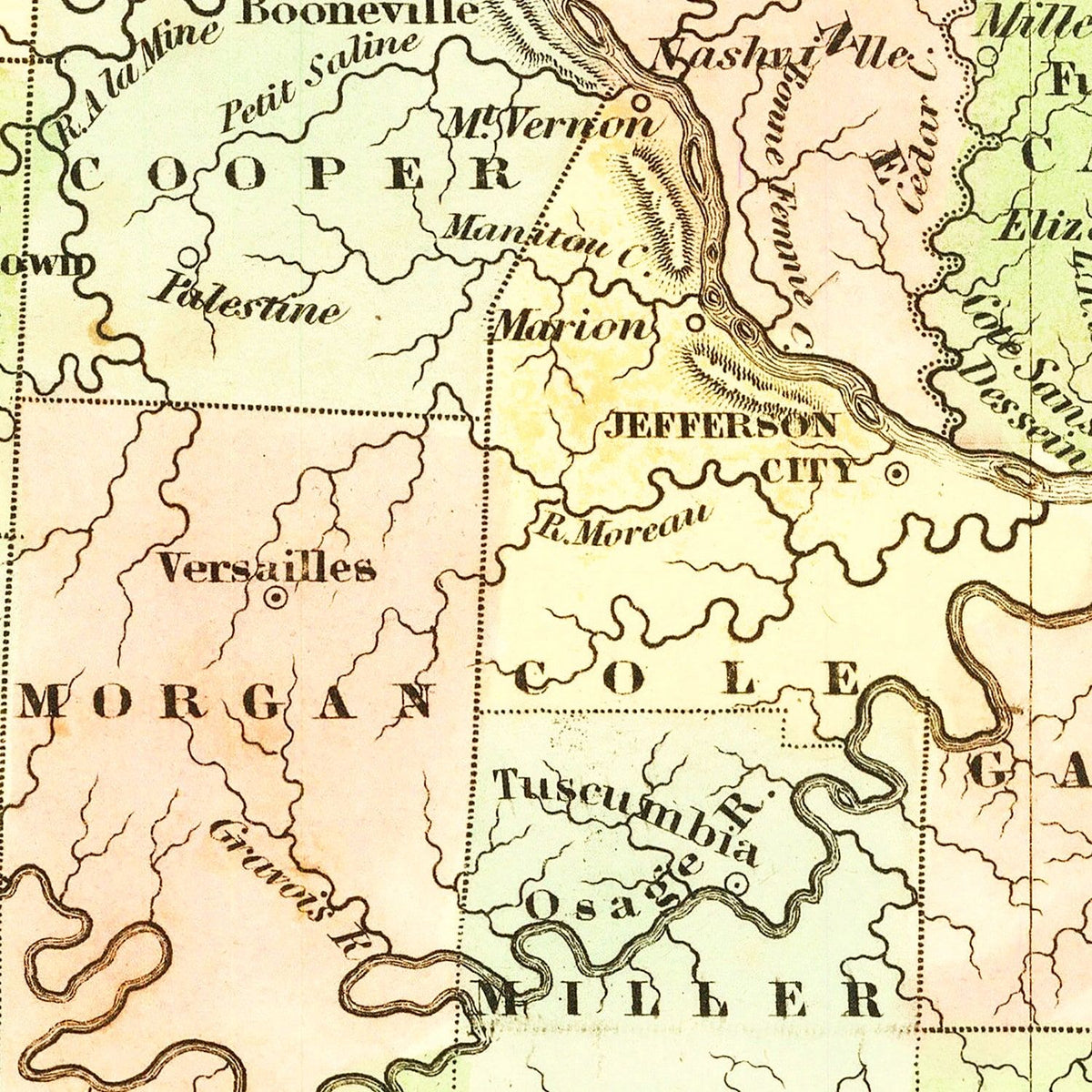 Restored historic details from the 1838 state map of County, Missouri