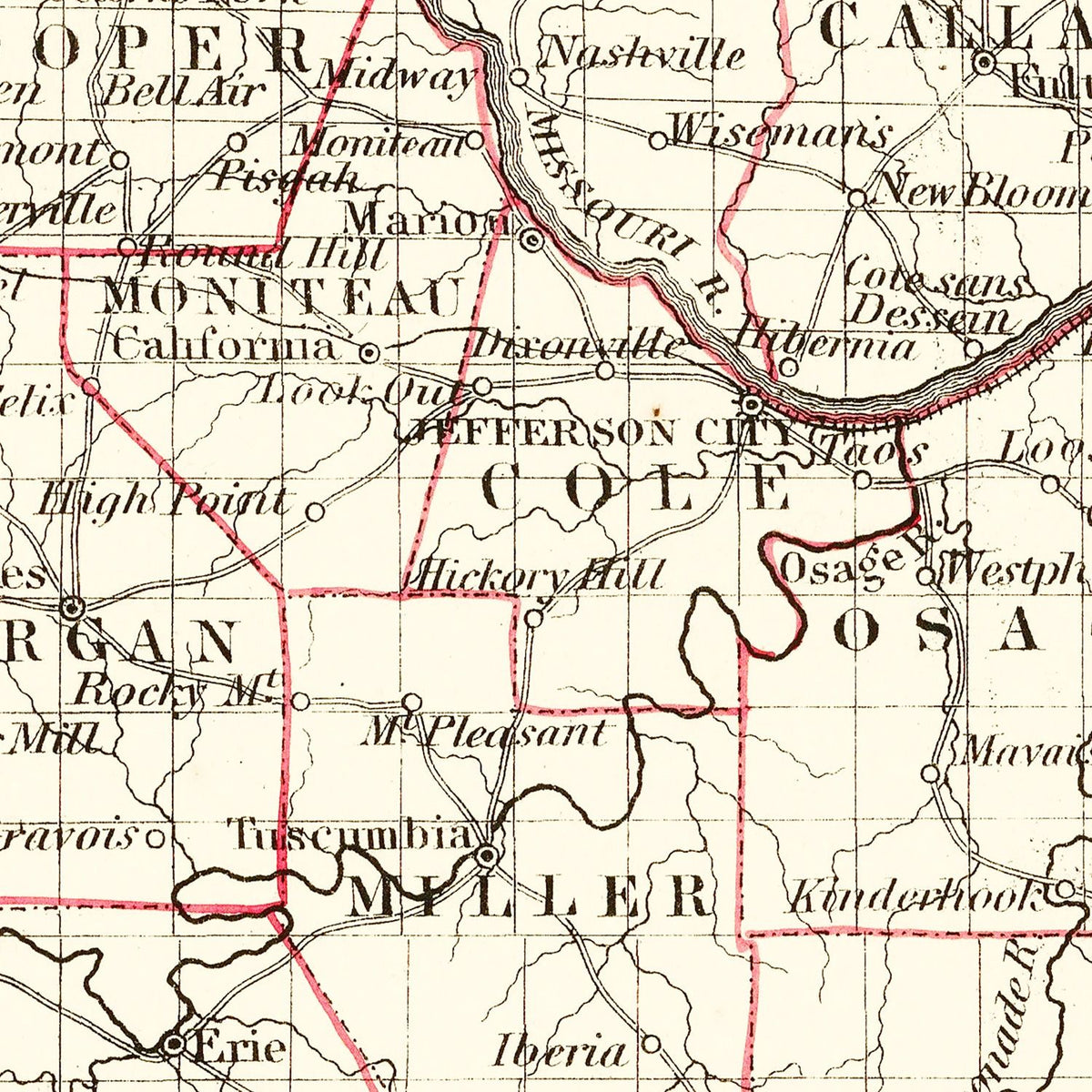 Restored historic details from the 1855 state map of County, Missouri