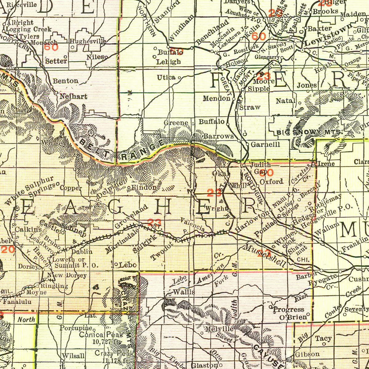 Restored historic details from the 1915 state map of County, Montana