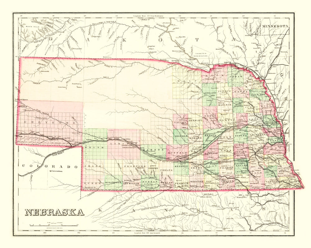 Vintage Map of Nebraska 1876 print style example