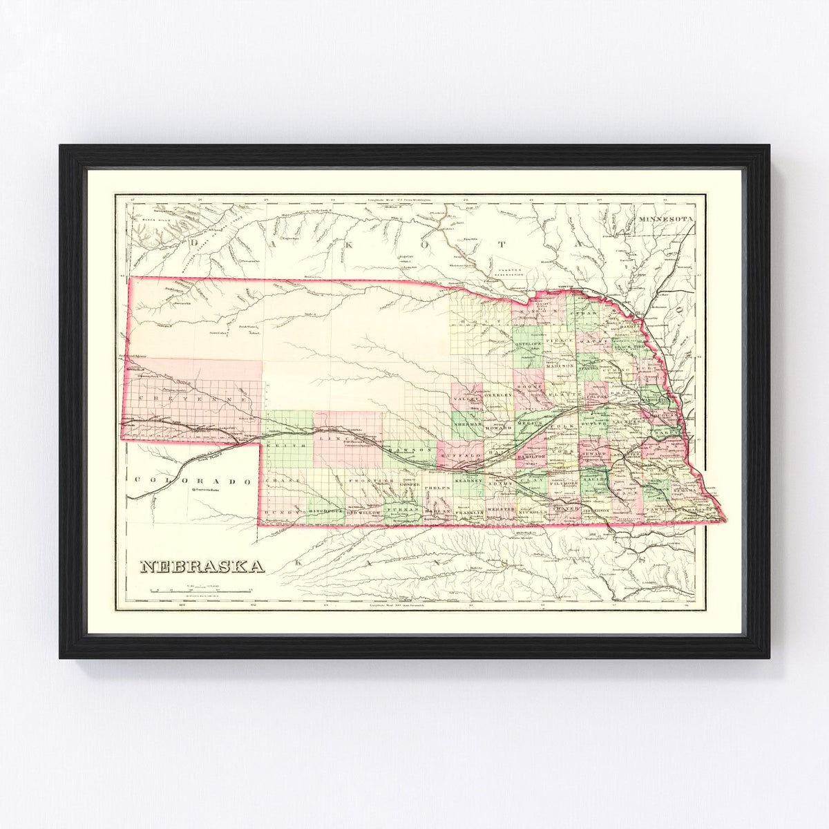Nebraska Vintage Map 1876