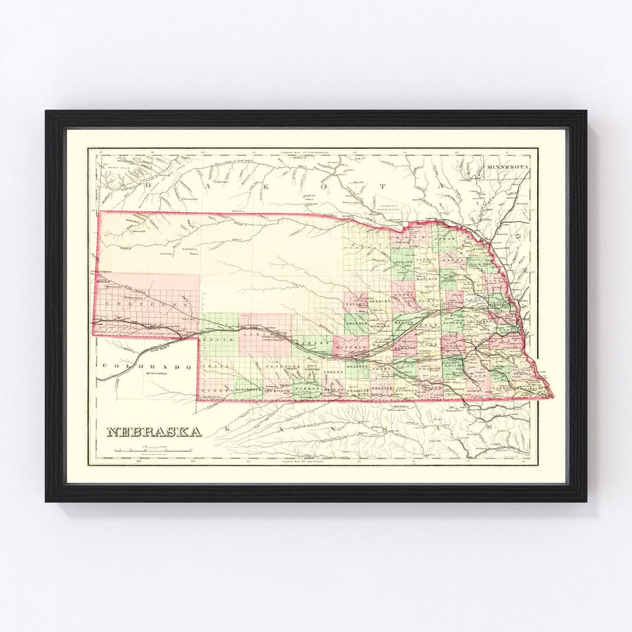 Nebraska Vintage Map 1876