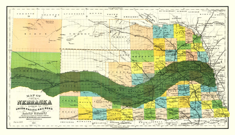 Vintage Union Pacific Railroad Land Grant Map of Nebraska 1884 print style example