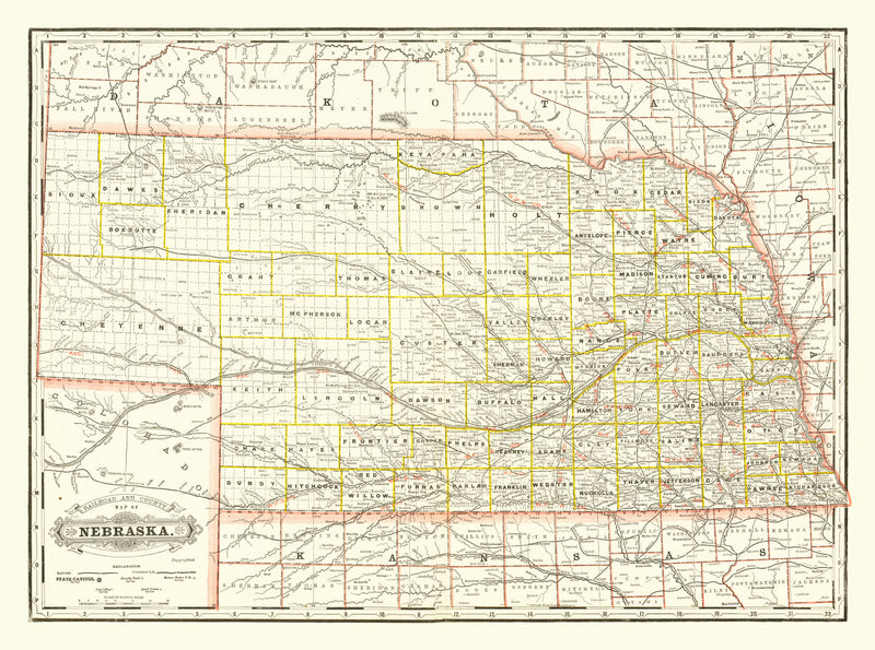 Size comparison using Vintage Railroad Map of Nebraska 1888