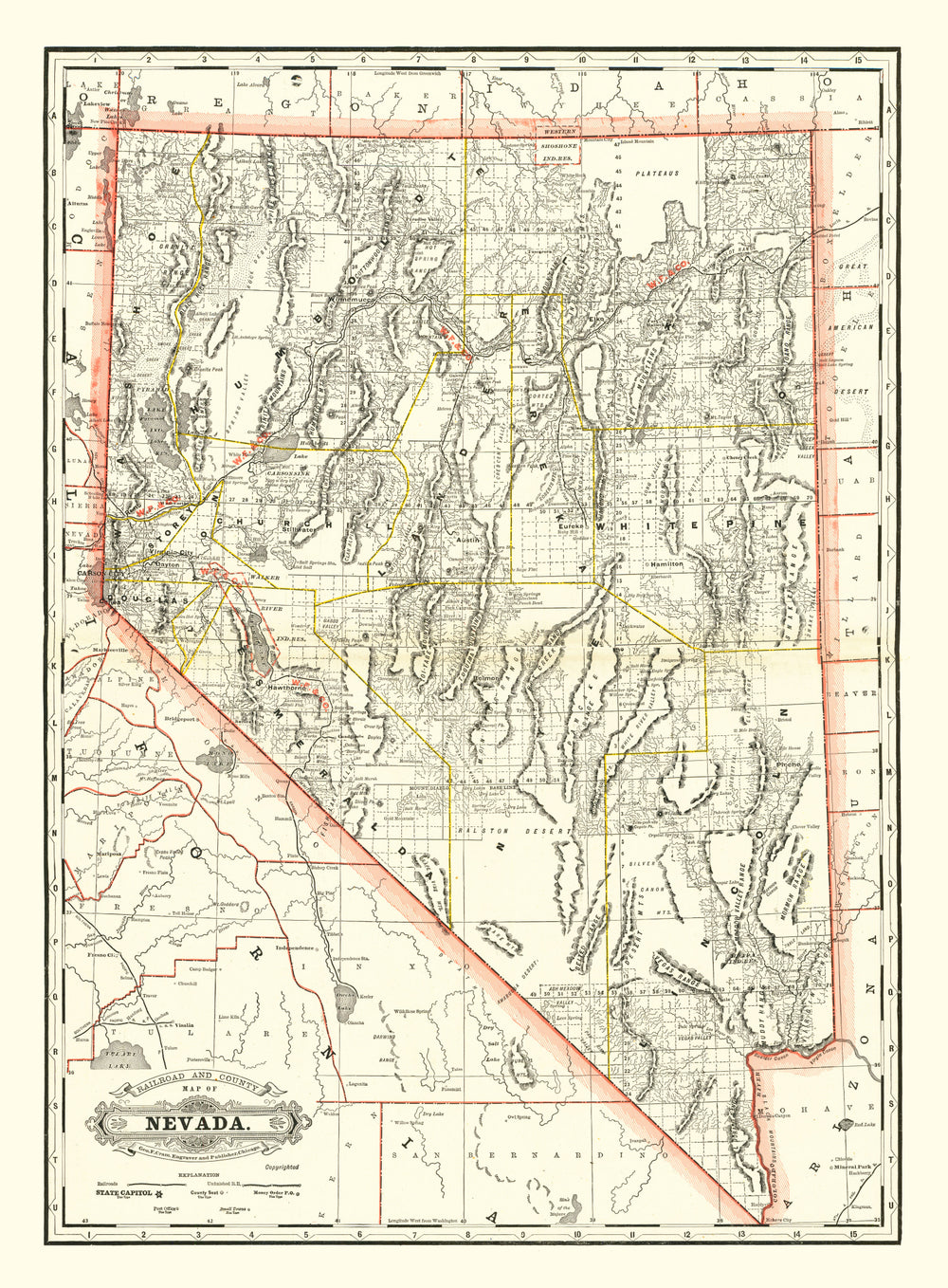 Vintage Railroad Map of Nebraska 1884 print style example
