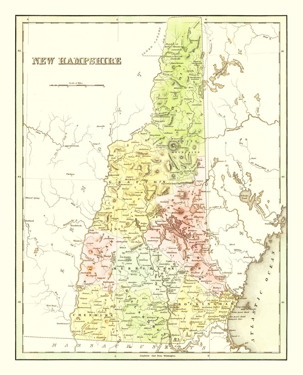 Vintage Map of New Hampshire 1838 print style example