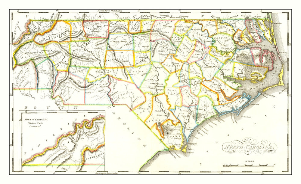 Vintage Map of North Carolina 1814 print style example