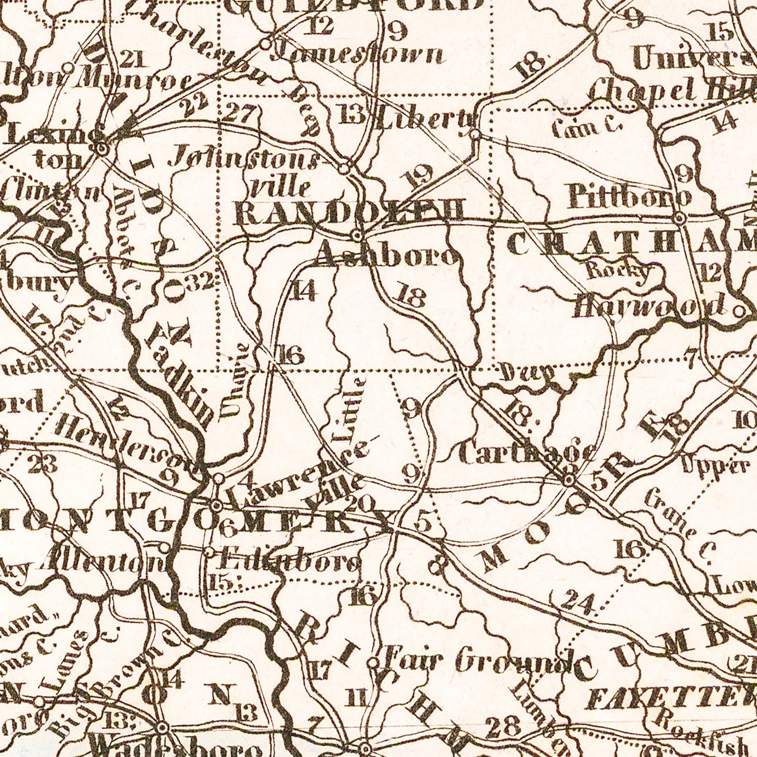 Restored historic details from the 1845 state map of County, North Carolina