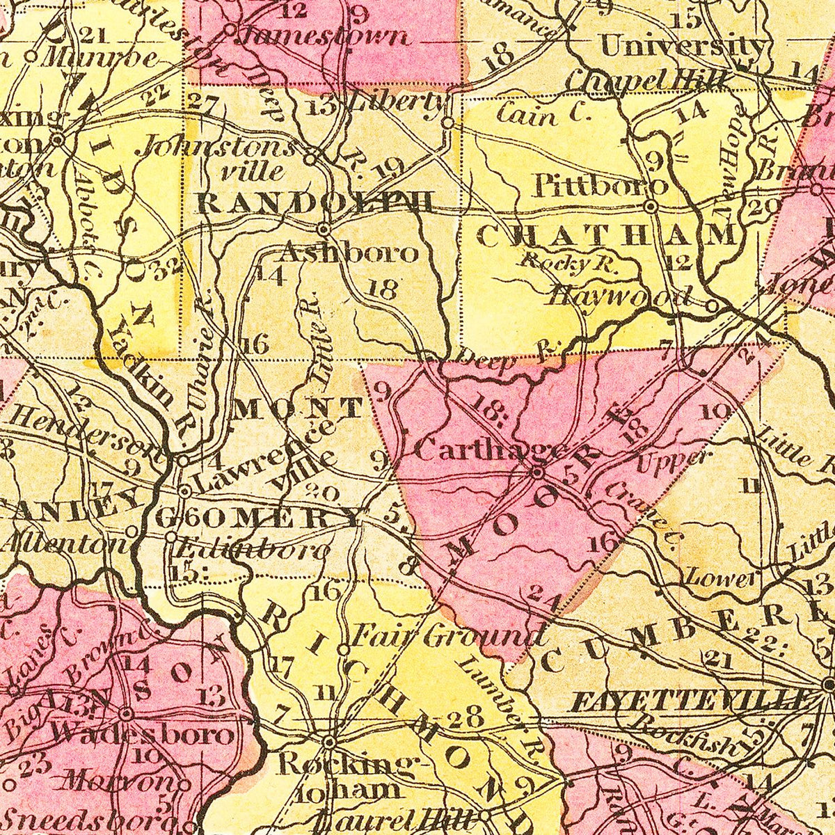 Restored historic details from the 1847 state map of County, North Carolina