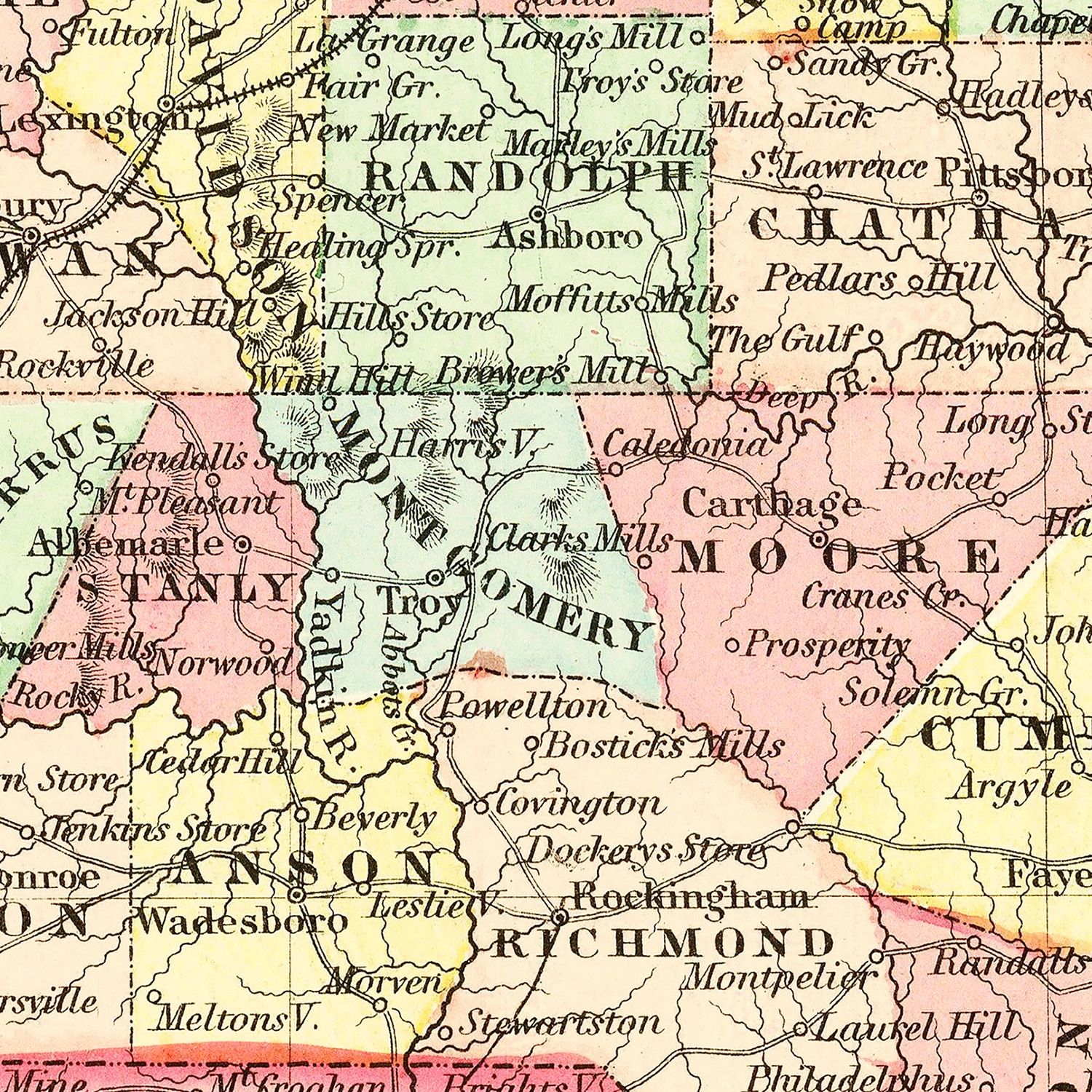 Restored historic details from the 1856 state map of County, North Carolina