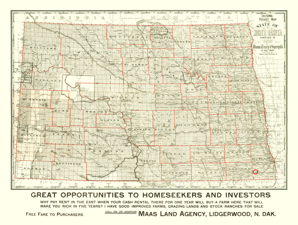 Vintage Map of North Dakota 1902 print style example