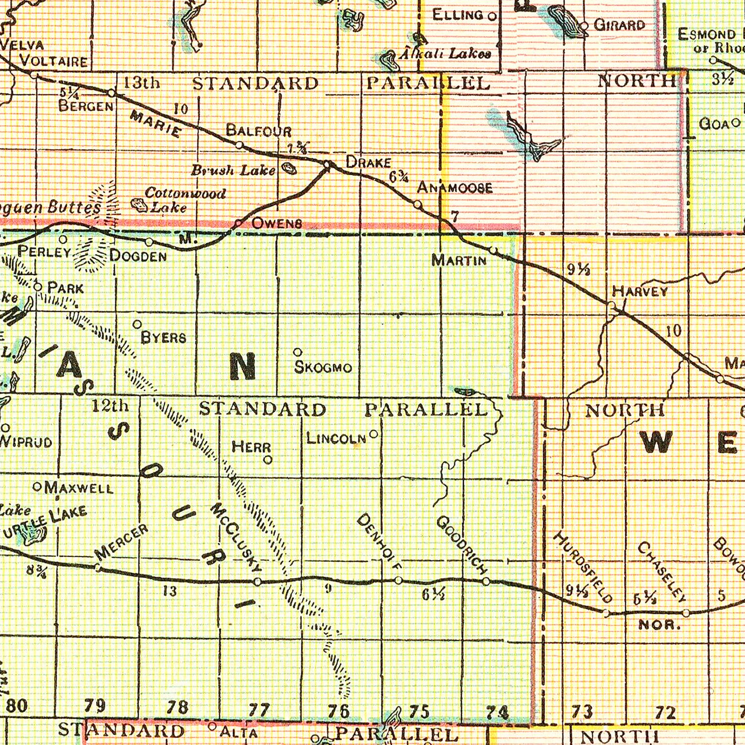 Restored historic details from the 1909 state map of County, North Dakota
