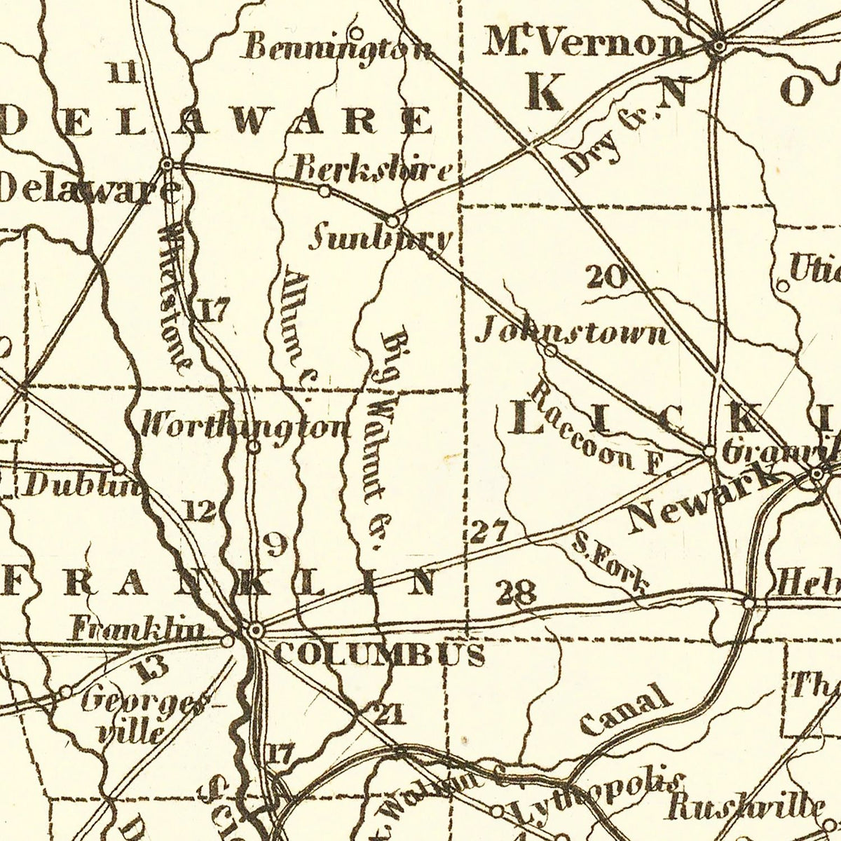 Restored historic details from the 1845 state map of County, Ohio