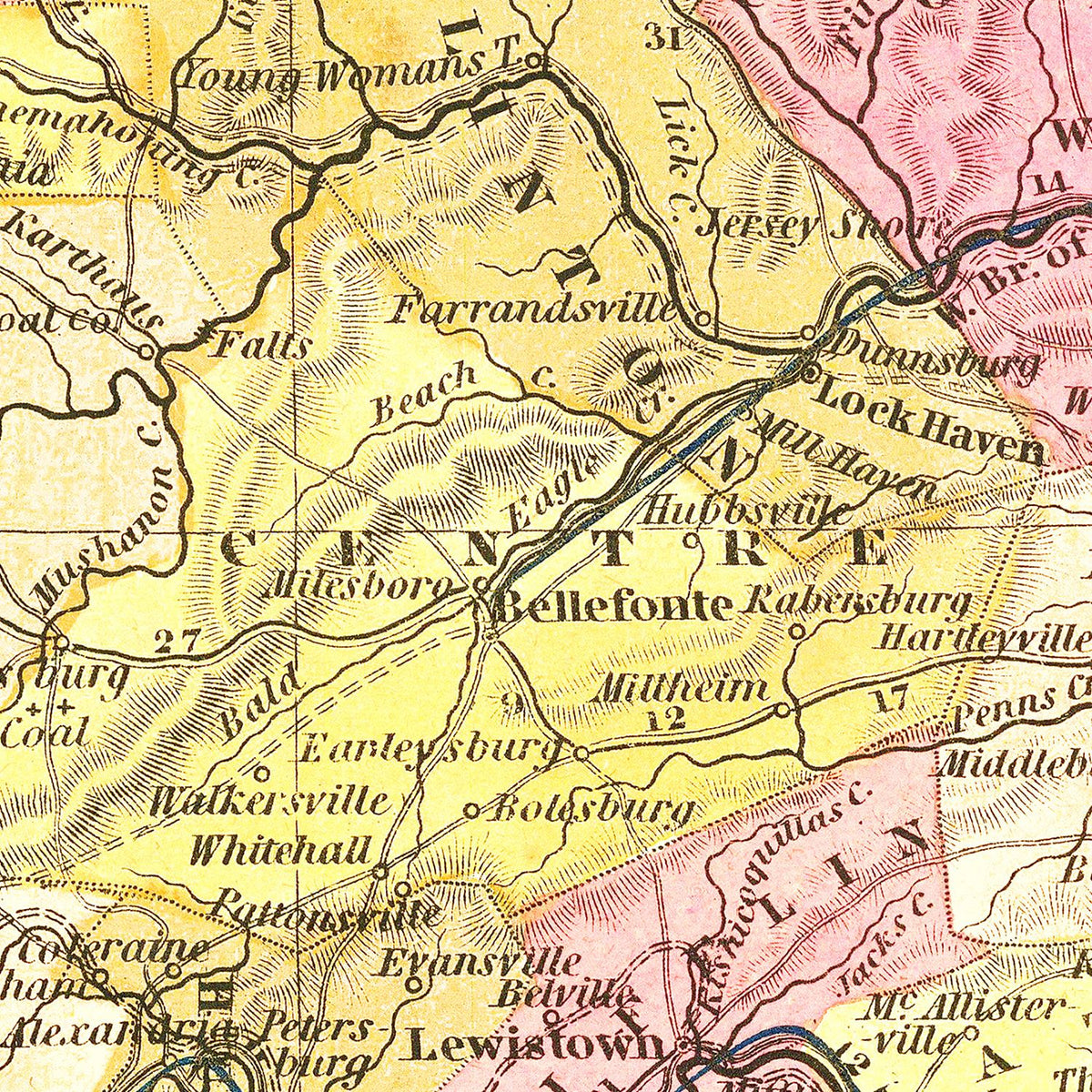 Restored historic details from the 1836 state map of County, Pennsylvania