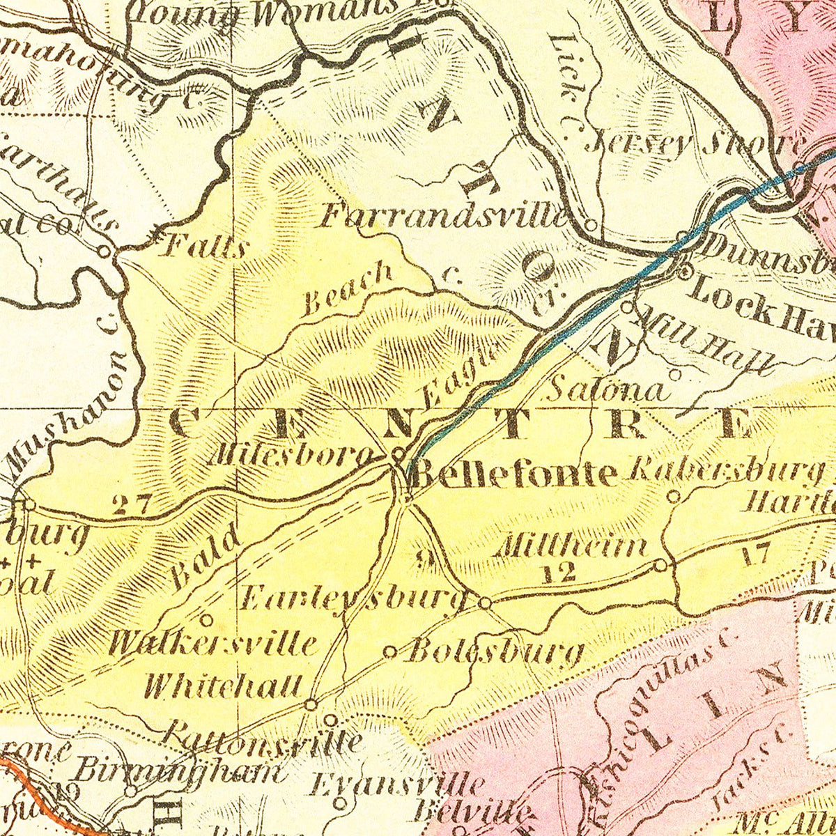 Restored historic details from the 1850 state map of County, Pennsylvania
