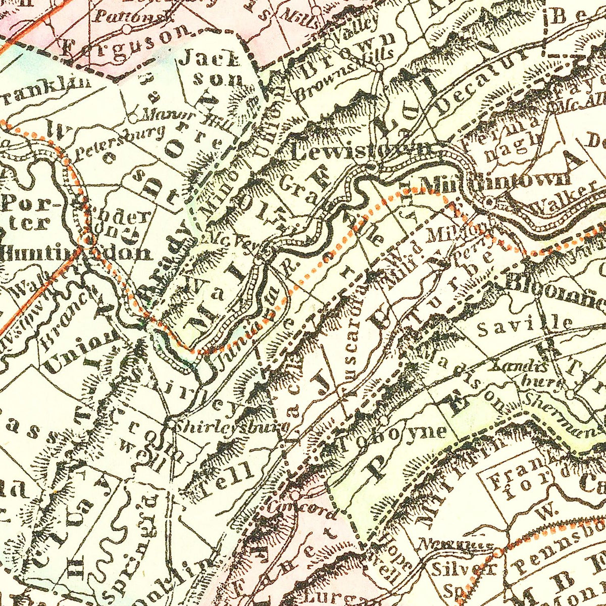 Restored historic details from the 1856 state map of County, Pennsylvania