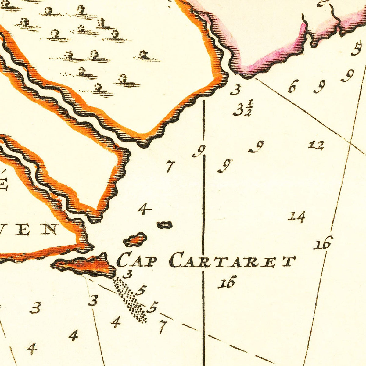 Restored historic details from the 1696 state map of County, South Carolina